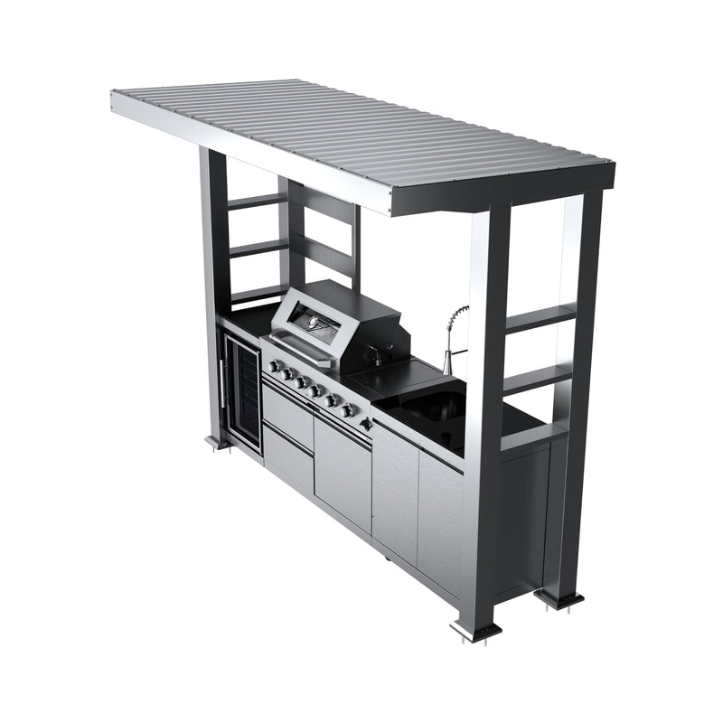 Castelle Flame Imperial 110-Inch 4-Burner 72K BTU Deluxe Stainless Steel Outdoor Kitchen Grill Island With Wine Cooler, Rotisserie, Cabinets, And Granite Countertops