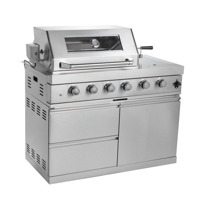 Castelle Flame Imperial 110-Inch 4-Burner 72K BTU Deluxe Stainless Steel Outdoor Kitchen Grill Island With Wine Cooler, Rotisserie, Cabinets, And Granite Countertops