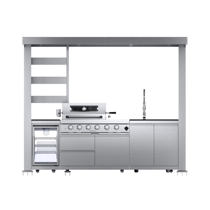 Castelle Flame Imperial 110-Inch 4-Burner 72K BTU Deluxe Stainless Steel Outdoor Kitchen Grill Island With Wine Cooler, Rotisserie, Cabinets, And Granite Countertops