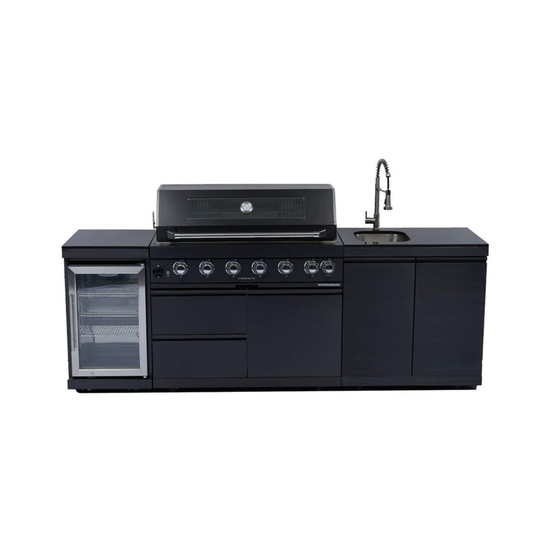 Castelle Flame Belmont 43-Inch 6-Burner 85K BTU Stainless Steel Outdoor BBQ Kitchen Grill Island With Wine Cooler, Rotisserie, And Sink