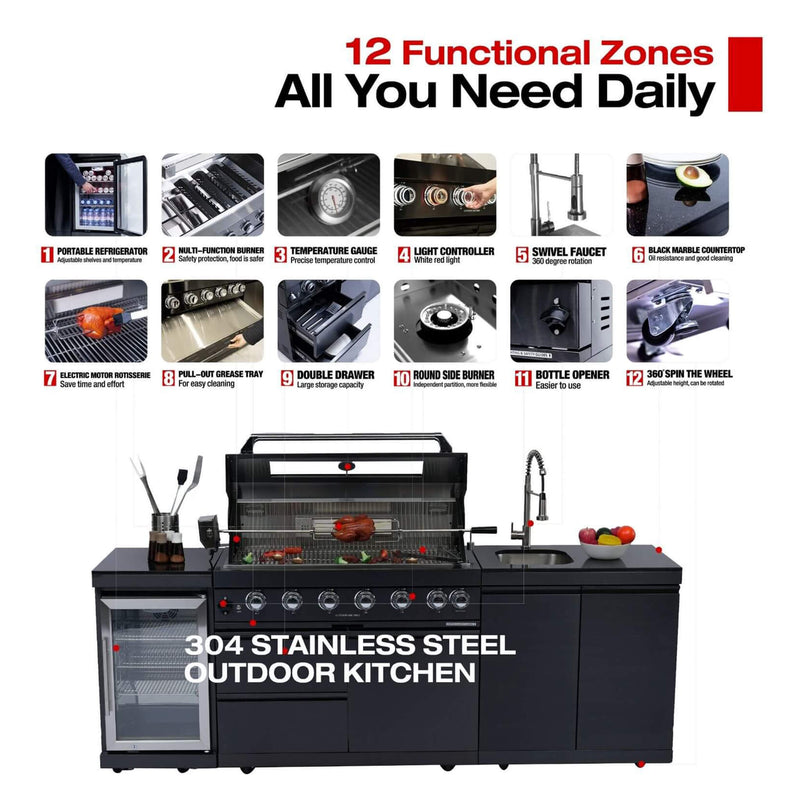 Castelle Flame Belmont 43-Inch 6-Burner 85K BTU Stainless Steel Outdoor BBQ Kitchen Grill Island With Wine Cooler, Rotisserie, And Sink