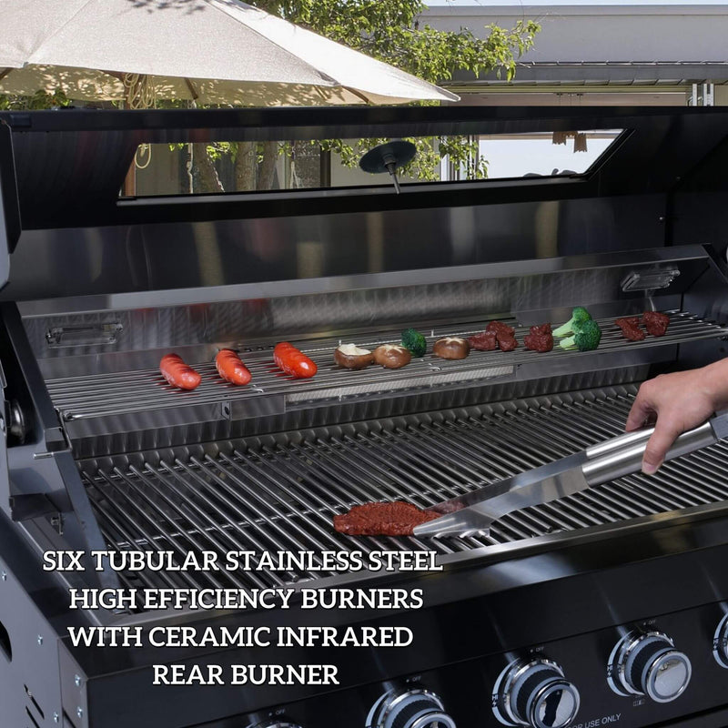 Castelle Flame Belmont 43-Inch 6-Burner 85K BTU Stainless Steel Outdoor BBQ Kitchen Grill Island With Wine Cooler, Rotisserie, And Sink