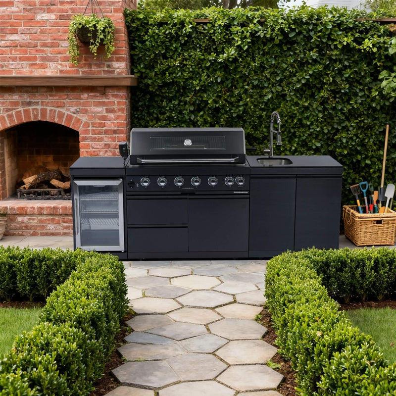 Castelle Flame Belmont 43-Inch 6-Burner 85K BTU Stainless Steel Outdoor BBQ Kitchen Grill Island With Wine Cooler, Rotisserie, And Sink