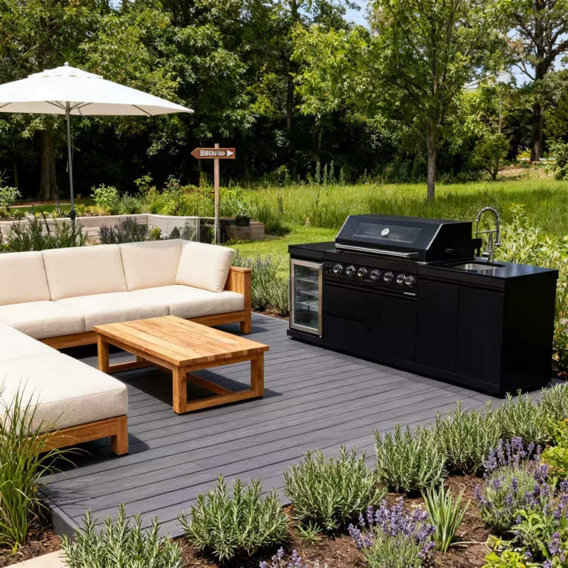 Castelle Flame Belmont 43-Inch 6-Burner 85K BTU Stainless Steel Outdoor BBQ Kitchen Grill Island With Wine Cooler, Rotisserie, And Sink