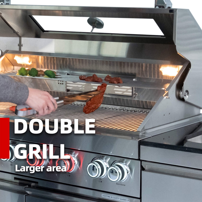 Castelle Flame Astoria 94-Inch 6-Burner 85K BTU Outdoor Kitchen Grill Island With Wine Cooler, Rotisserie, Cabinets, And Granite Countertops