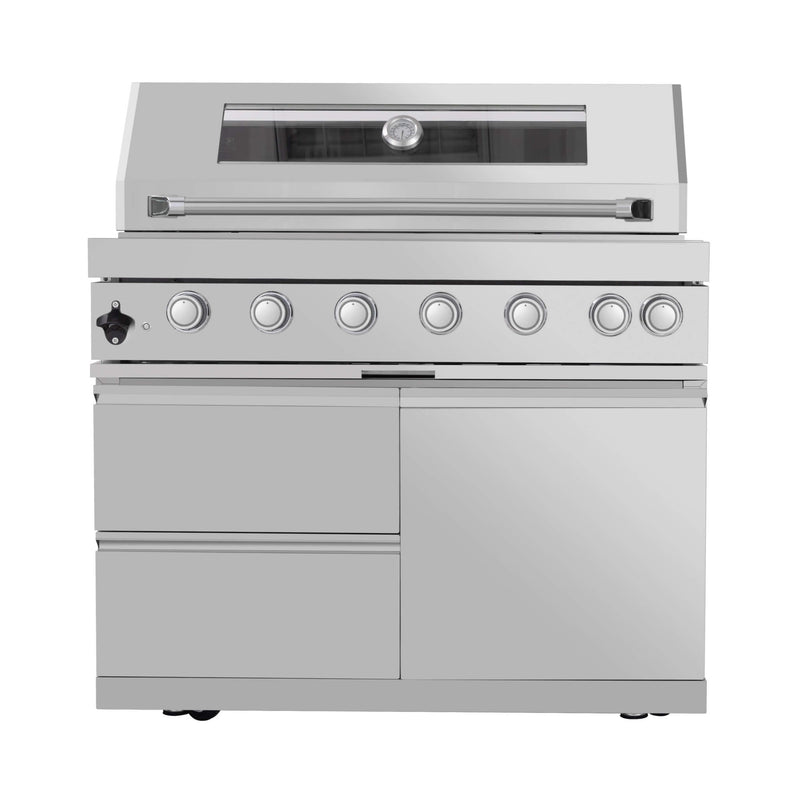 Castelle Flame Astoria 94-Inch 6-Burner 85K BTU Outdoor Kitchen Grill Island With Wine Cooler, Rotisserie, Cabinets, And Granite Countertops
