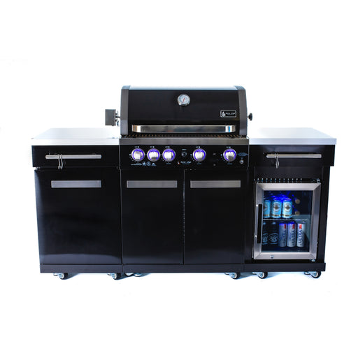 MA-957FC 5-Burner 32-Inch 63000 BTU Black Stainless Steel Compact Outdoor Kitchen Island Gas Grill + Fridge Cabinet