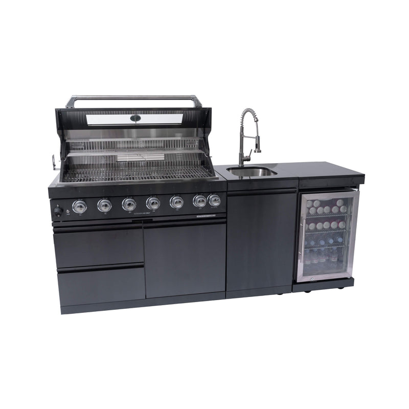 Castelle Flame Avalon 43-Inch 6-Burner 85K BTU Outdoor BBQ Kitchen Grill Island With Wine Fridge, Rotisserie Kit, And Sink
