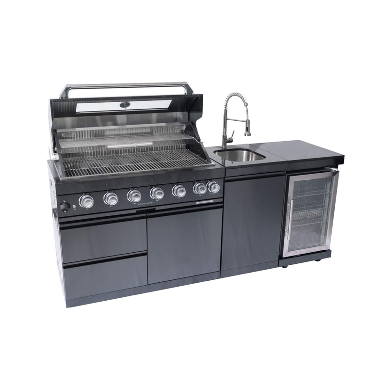 Castelle Flame Avalon 43-Inch 6-Burner 85K BTU Outdoor BBQ Kitchen Grill Island With Wine Fridge, Rotisserie Kit, And Sink