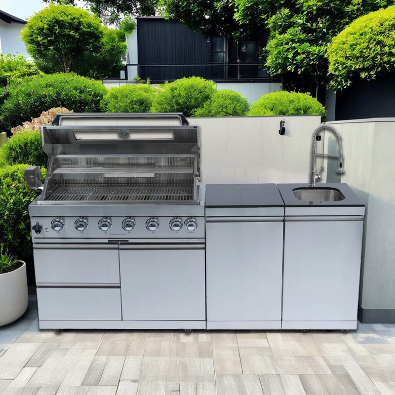 Castelle Flame Valmont 43-Inch 6-Burner 85K BTU Outdoor BBQ Kitchen Grill Island With Granite Countertops, Rotisserie Kit, Cabinets, And Sink