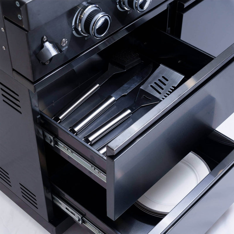 Castelle Flame Inferno Premium Black Stainless Steel 6-Burner Liquid Propane Kitchen Grill Island With Rotisserie Kit
