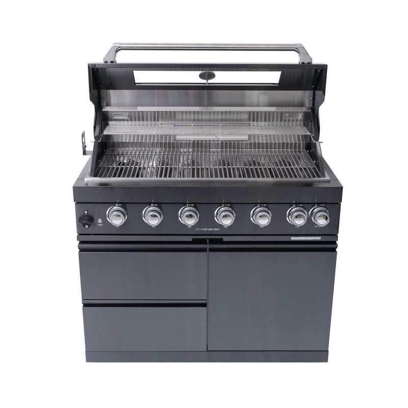 Castelle Flame Inferno Premium Black Stainless Steel 6-Burner Liquid Propane Kitchen Grill Island With Rotisserie Kit