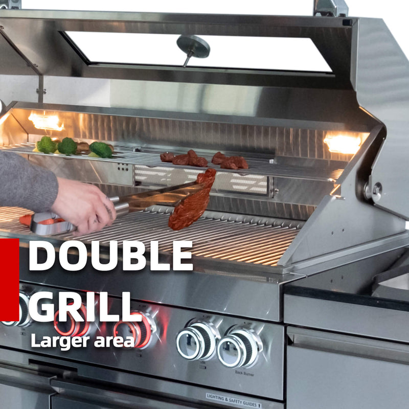 Castelle Flame Aurelia 46-Inch 4-Burner 72K BTU Stainless Steel Outdoor BBQ Kitchen Grill Island With 46-Inch 4-Burner 85K BTU Grill, Rotisserie Kit, And Cabinets