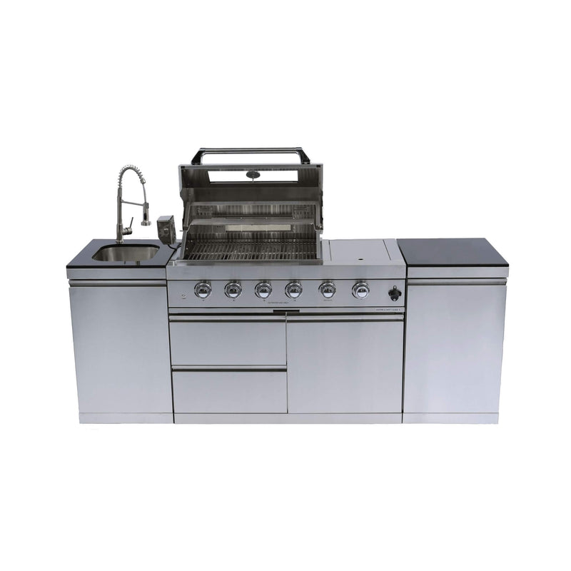 Castelle Flame Aurelia 46-Inch 4-Burner 72K BTU Stainless Steel Outdoor BBQ Kitchen Grill Island With 46-Inch 4-Burner 85K BTU Grill, Rotisserie Kit, And Cabinets