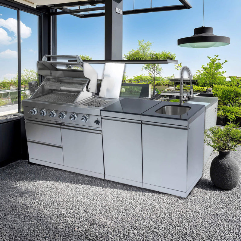 Castelle Flame Aurelia 46-Inch 4-Burner 72K BTU Stainless Steel Outdoor BBQ Kitchen Grill Island With 46-Inch 4-Burner 85K BTU Grill, Rotisserie Kit, And Cabinets