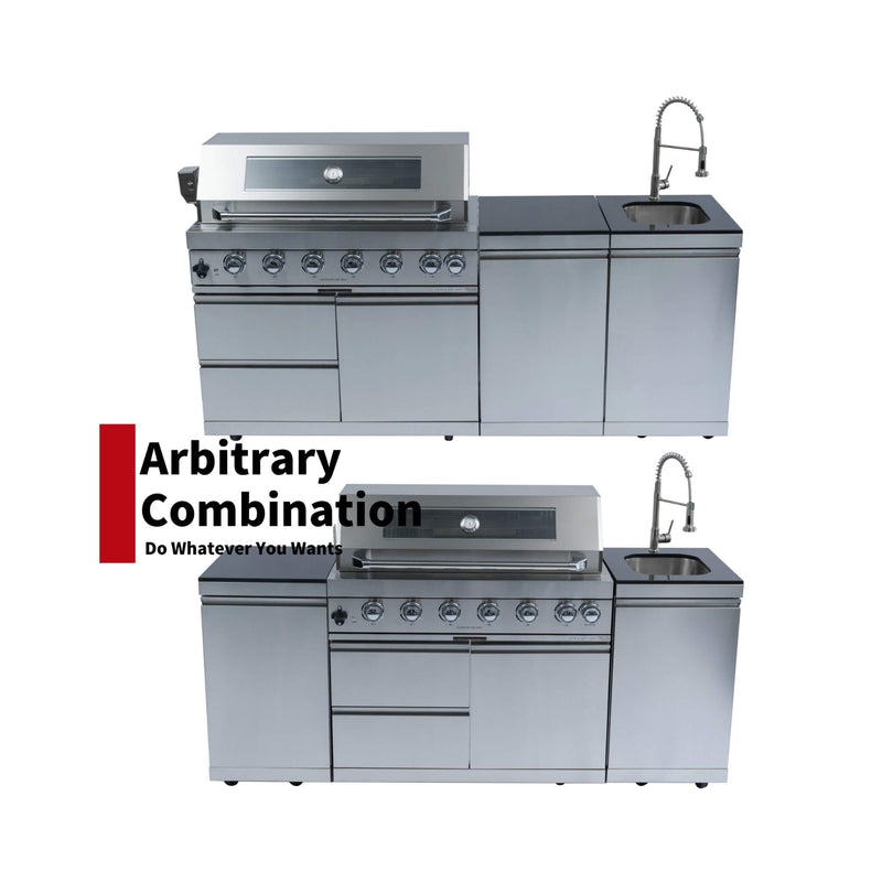 Castelle Flame Valmont 43-Inch 6-Burner 85K BTU Outdoor BBQ Kitchen Grill Island With Granite Countertops, Rotisserie Kit, Cabinets, And Sink