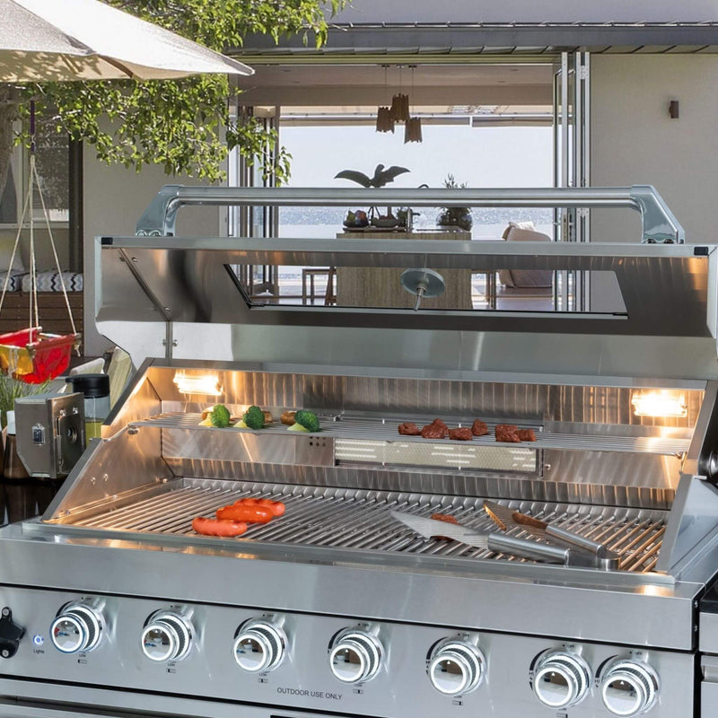 Castelle Flame Tuscany Outdoor BBQ Liquid Propane Kitchen Grill Island With 43-Inch 6-Burner 85K BTU Propane Gas Grill, Rotisserie Kit, And Storage Cabinets