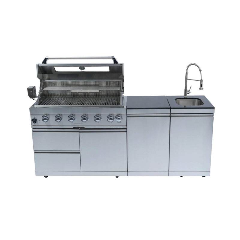 Castelle Flame Tuscany Outdoor BBQ Liquid Propane Kitchen Grill Island With 43-Inch 6-Burner 85K BTU Propane Gas Grill, Rotisserie Kit, And Storage Cabinets